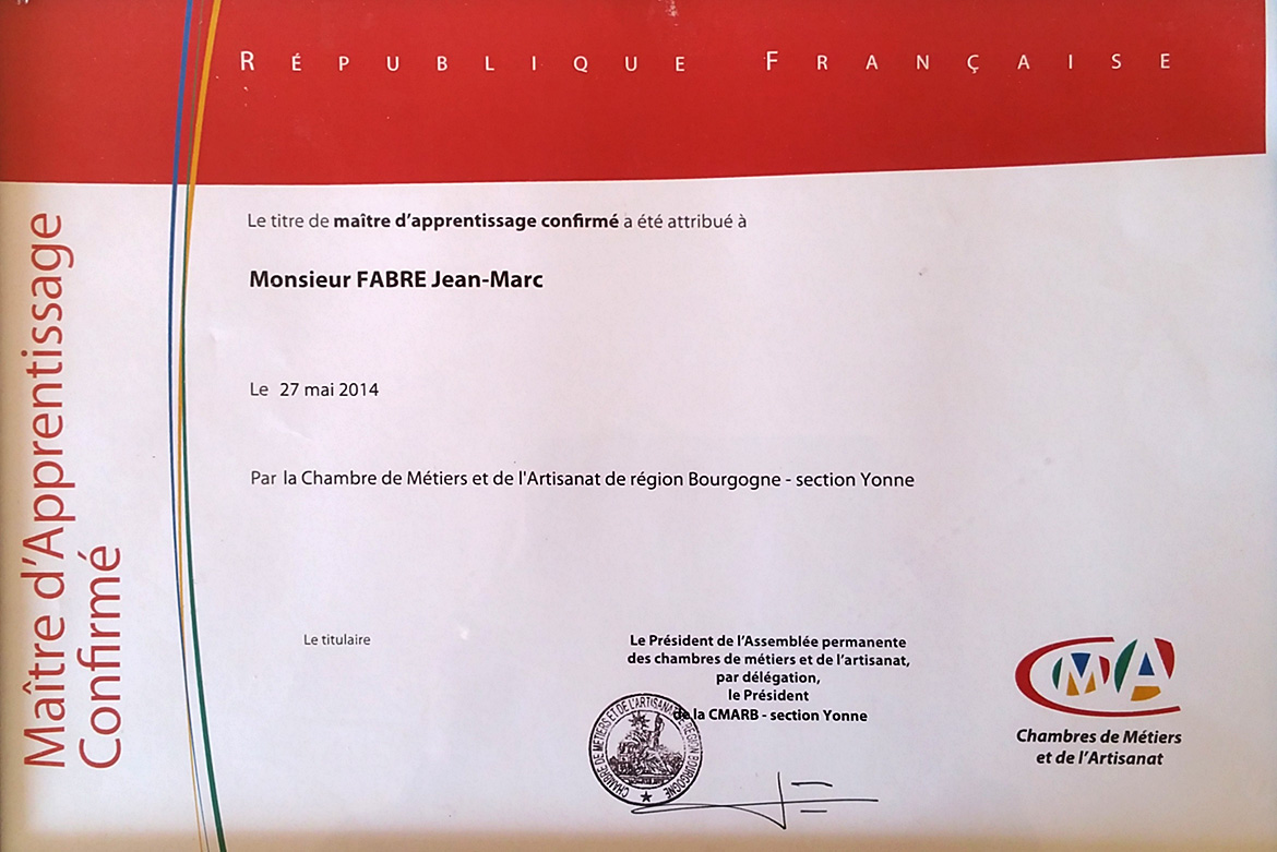 Maître d'apprentissage confirmé - distinctions Jean Marc Fabre 2014