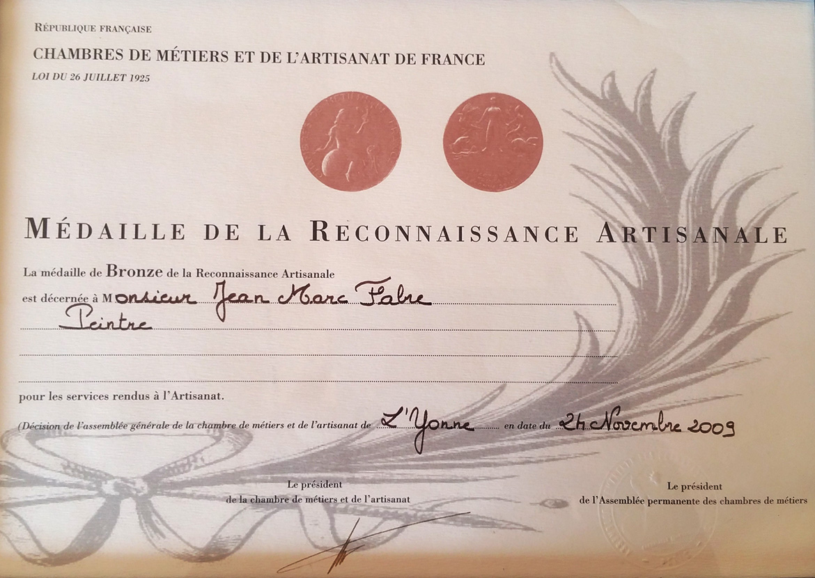 Médaille de la reconnaissance artisanale - distinctions Jean Marc Fabre 2009